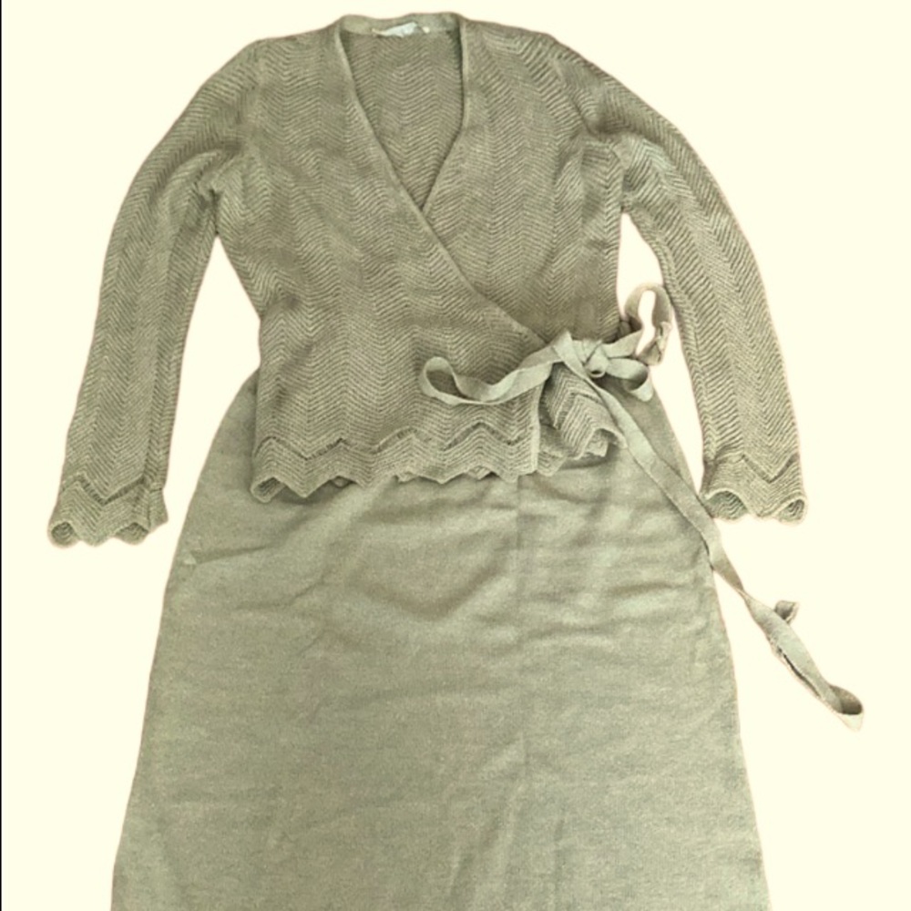 Tan Herringbone Knit Sweater Skirt Set Sz 10